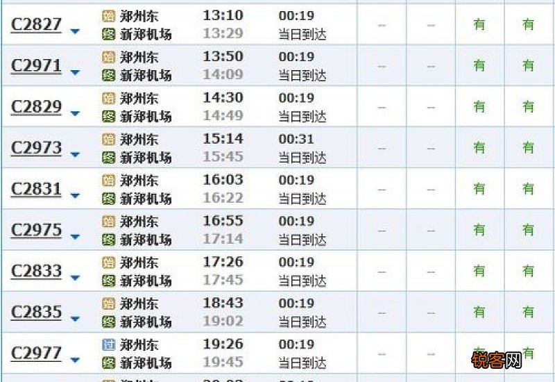 郑州机场城铁时刻表