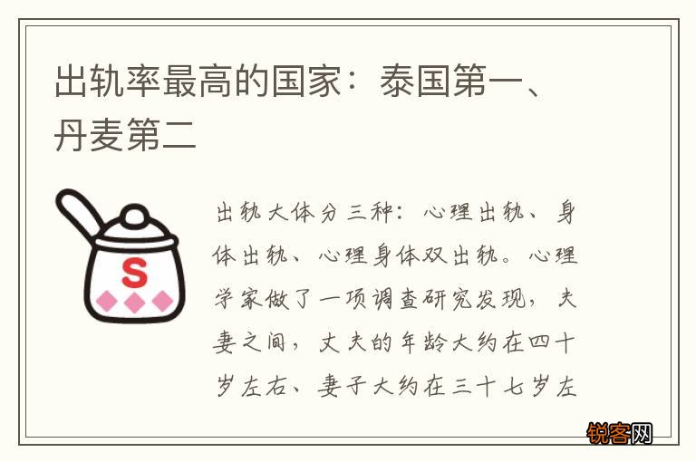 出轨率最高的国家：泰国第一、丹麦第二